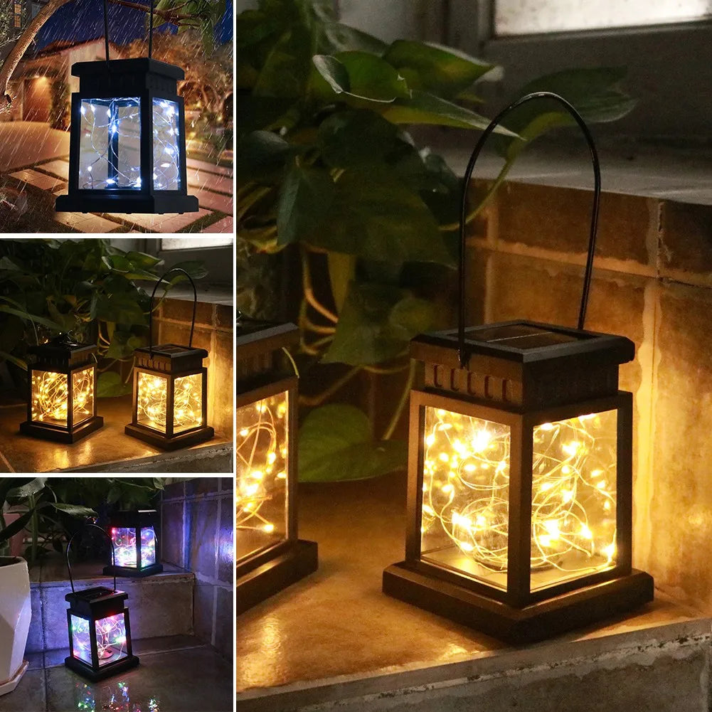 1pc LED Lantern Lamp Outdoor Garden Warm Light Waterproof Solar Powered Golden Copper Wire Hanging Lightweight