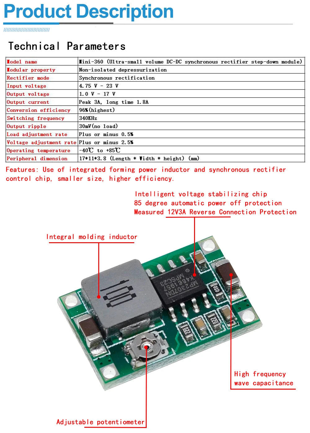 Mini 360 DC Buck Converter 2A Step Down Power Module 4.75V-23V to 1V-17V for RC and DIY Electronics