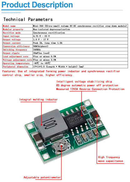 Mini 360 DC Buck Converter 2A Step Down Power Module 4.75V-23V to 1V-17V for RC and DIY Electronics