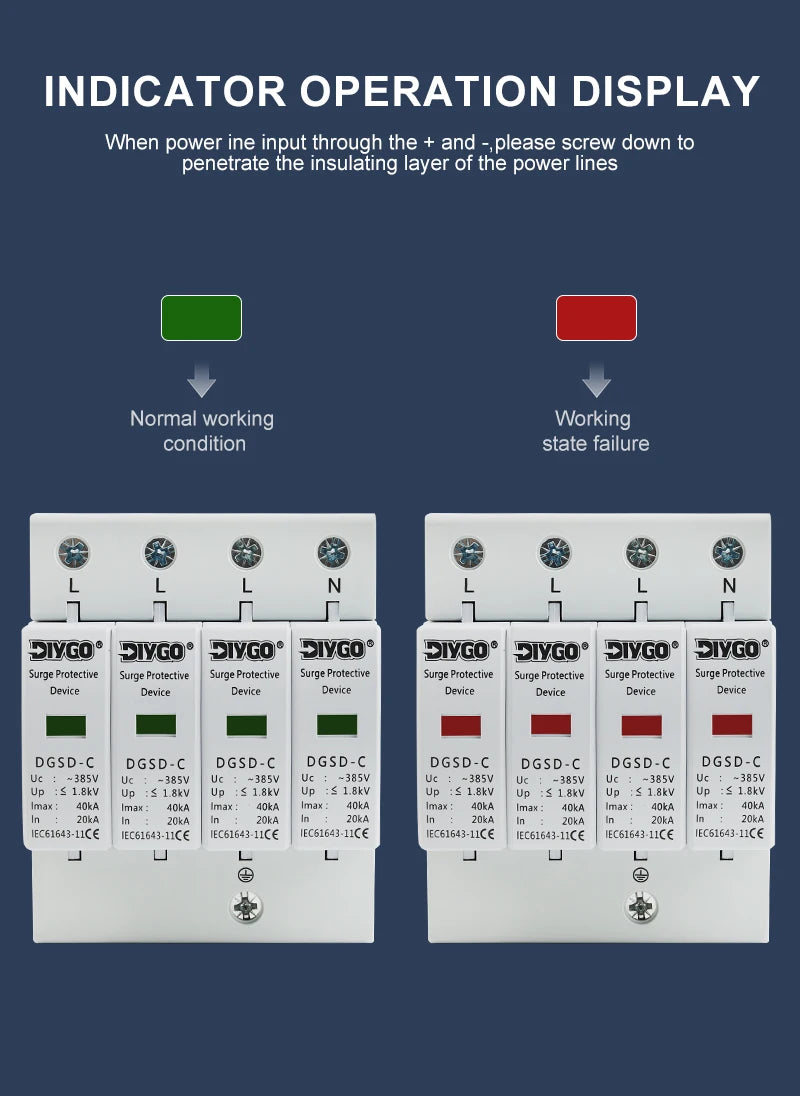 AC SPD 4P House Lightning Surge Protector 10-20KA 20-40KA 30-60KA 385V Solar PV Low-Voltage Arrester 3P+N