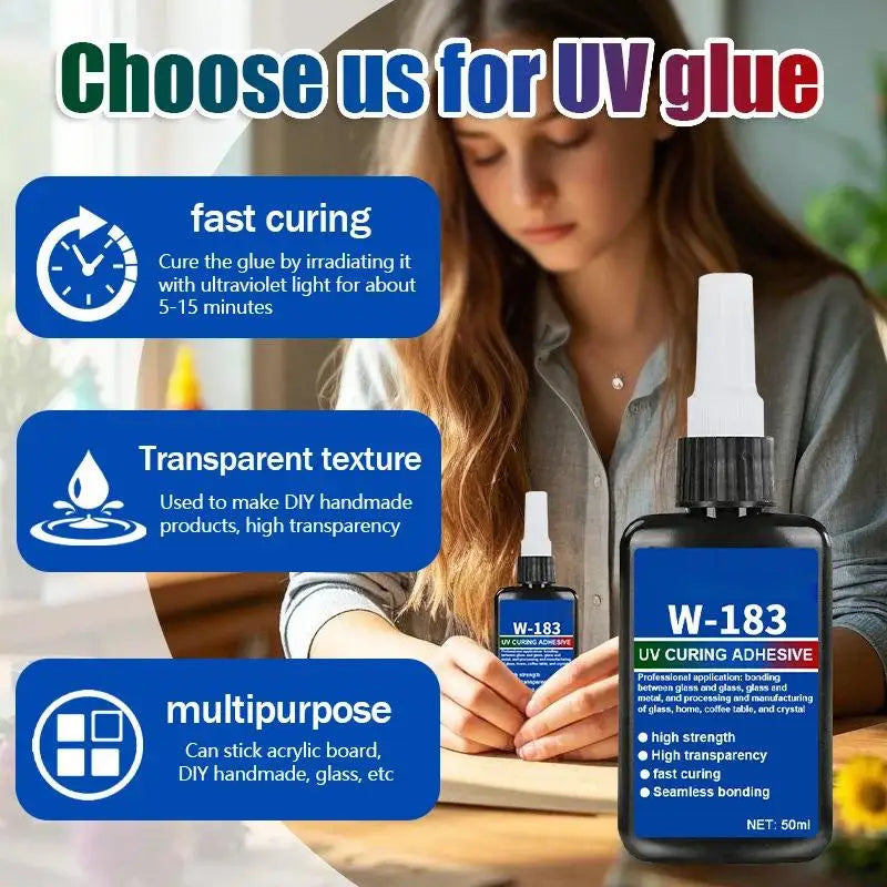 New 1Pcs UV Curing Crystal Glass And Mal ABS Bonding New W-183 Strong 50ml UV Glue Curing Adhesive Welding With UV Curing Lamp