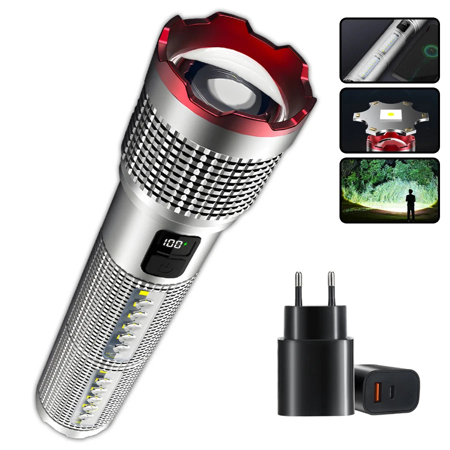 Rechargeable LED Flashlight Powerful Torch with Side Light Power Bank Zoom Emergency Lamp Outdoor Strong Light Camping Lantern