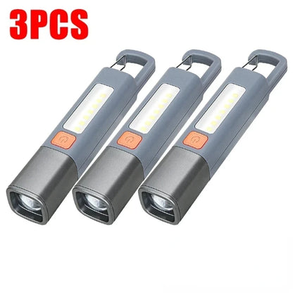 Portable Strong Light LED Zoom Flashlamp Built-in Battery USB Rechargeable with Hook Camping Hanging Lamp COB Side Lamp