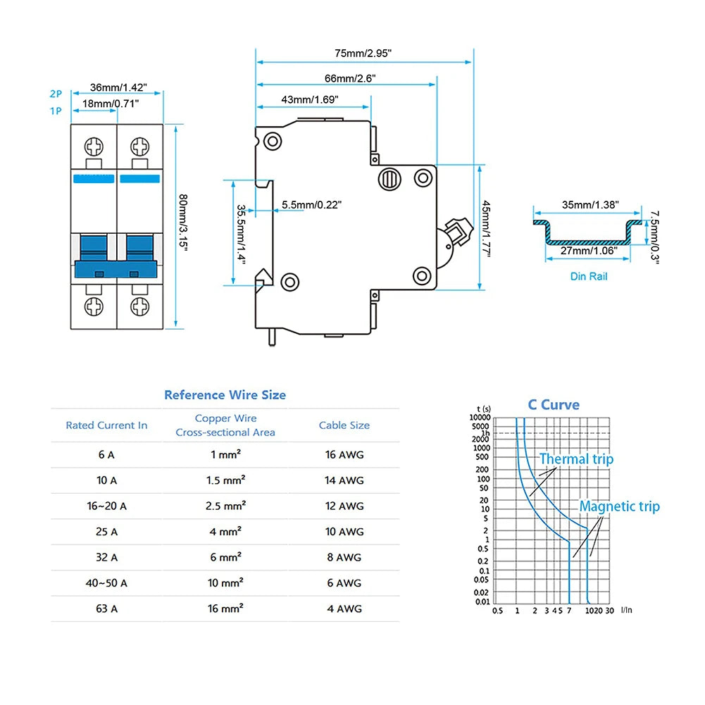 DC Miniature Circuit Breaker 2 Pole 1000V 32 Amp Isolator DC Disconnect Switch Thermomagnetic 10 A-63A 1.42 X 2.95 X 3.15 Inches