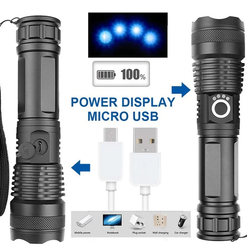 High Power XHP100 LED Flashlight Rechargeable Zoom Torch Super Bright