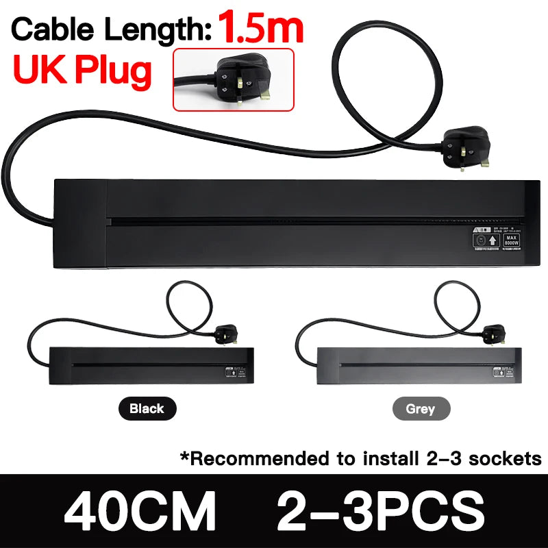 Wall-Mounted Power Track Outlet Rail Modular Sliding Socket Strip with USB-C US EU UK Adapters Grey Black for Office Home