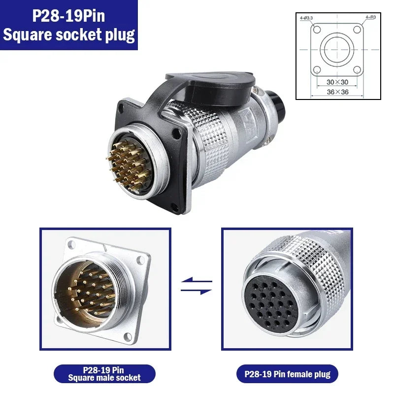 P28 Aviation Connector Square Flange Socket Male Female Circular Butt Joint 2/3/4/5/7/10/12/14/16/19/20/24 Pin P28K2Q PLS28