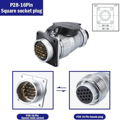 P28 Aviation Connector Square Flange Socket Male Female Circular Butt Joint 2/3/4/5/7/10/12/14/16/19/20/24 Pin P28K2Q PLS28