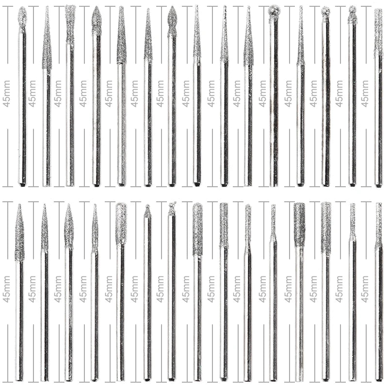 30pcs Diamond Burr Bits Set 1/8" Shank for Rotary Tools Carving Sanding