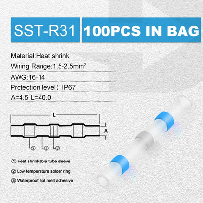 100pcs Heat Shrink Wire Connectors Red AWG 22-18 Butt Electrical Connectors Tinned Solder Sealed Terminals