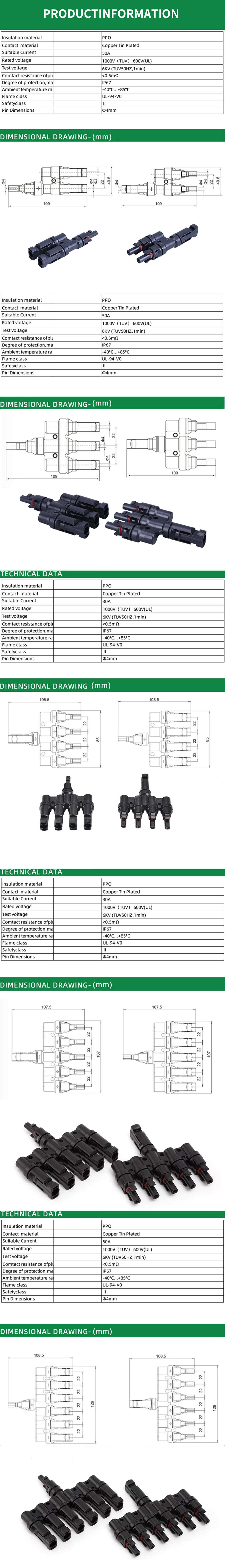 PV T Branch Photovoltaic Solar Connector 1000V 30A Male Female 1 to 2 3 4 5 6 PV Plug 2 3 4 5 6IN 1OUT Adapter