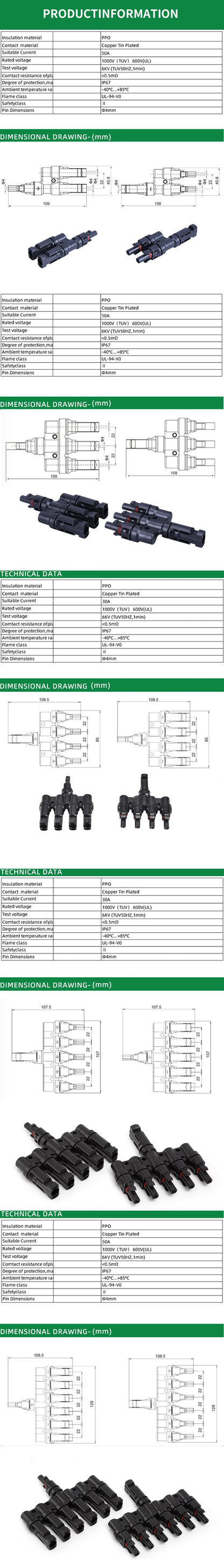 PV T Branch Photovoltaic Solar Connector 1000V 30A Male Female 1 to 2 3 4 5 6 PV Plug 2 3 4 5 6IN 1OUT Adapter