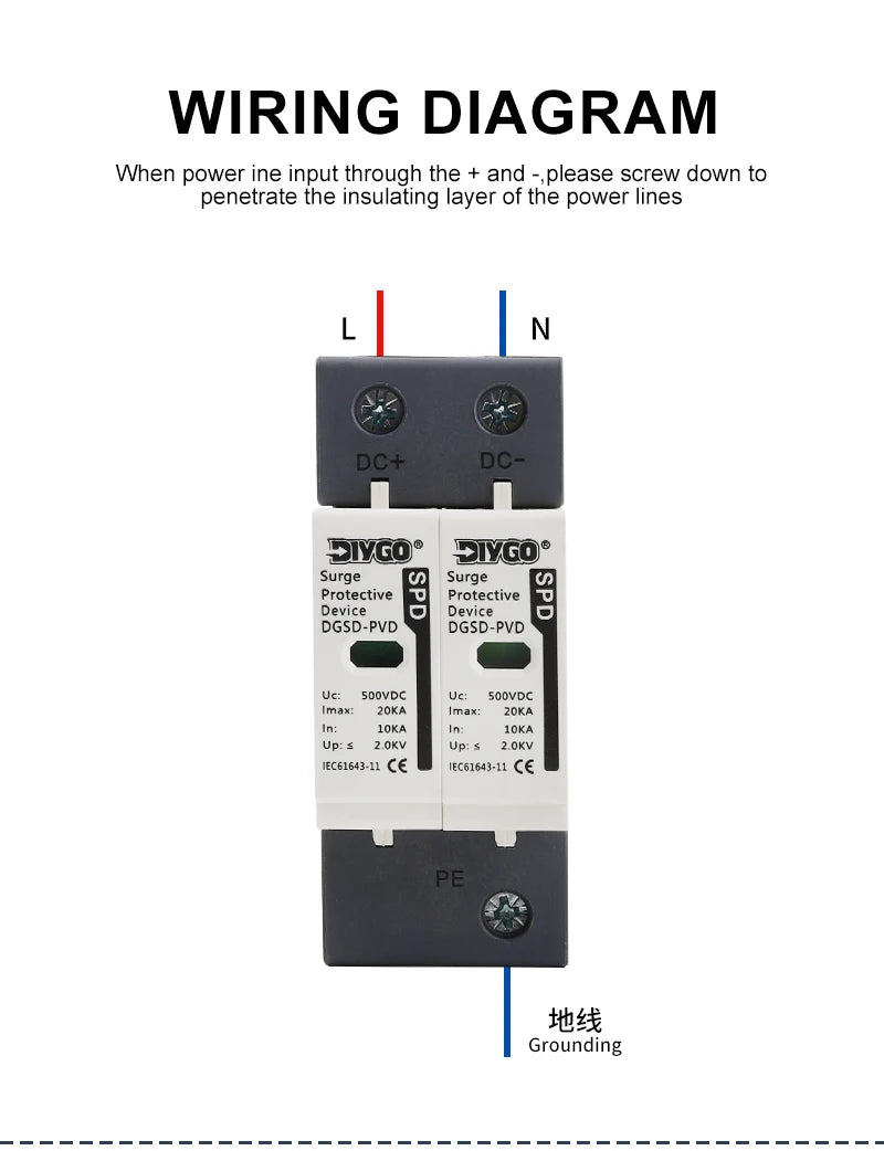 2P SPD DC 500V/600V/800V/1000V House Surge Protector Low-Voltage Arrester Device 10KA~60KA Protective Solar