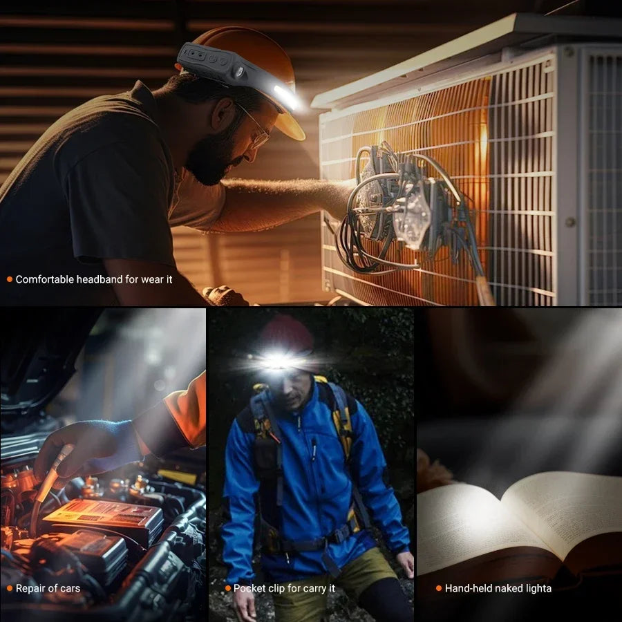 LED Sensor Headlamp Rechargeable Head Torch 5 Mode for Outdoor