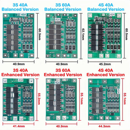 3S 4S Lithium Battery BMS Protection Board 40A 60A with Balance and Enhance Functions for Drill Motor 11.1V-16.8V Li-ion Cells