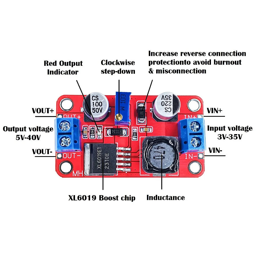 XL6019 DC-DC Step-Up Boost Converter Module 5A Adjustable 3.3-35V to 5V/6V/9V/12V/24V Power Supply Regulator