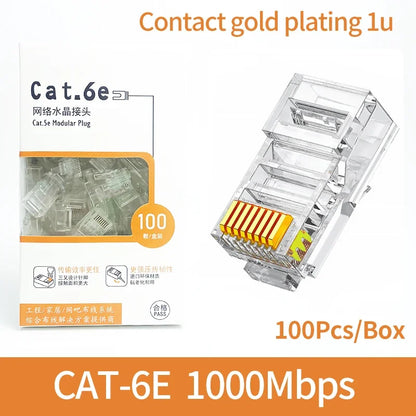 100Pcs Bulk Cat5e/Cat6 RJ45 Connectors Gold Plated for Gigabit Ethernet 100M/1000Mbps High-Speed Network Cable Plug