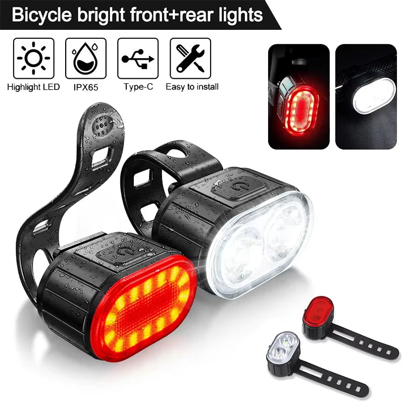 Rechargeable Bike Light Set Front Light with Taillight Mini Night Safety Warning Bicycle Accessories for Night Outdoor Cycling