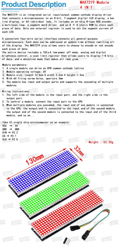 MAX7219 4-in-1 Dot Matrix Display Module with 5-Pin Interface for Arduino Microcontroller Projects