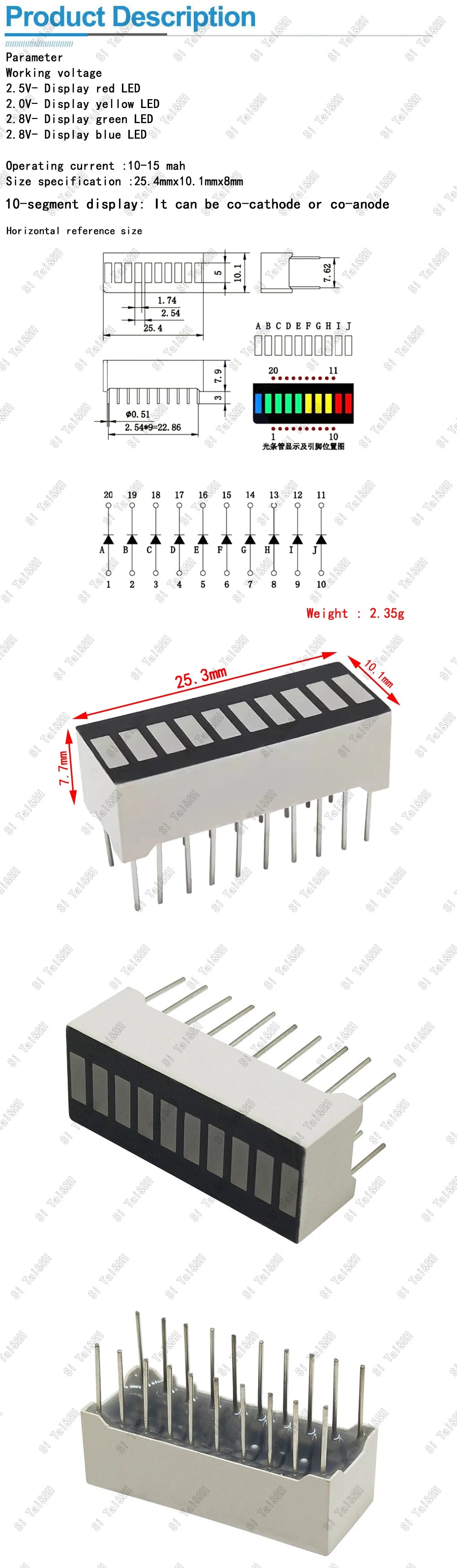 10-Segment Multicolor LED Light Bar Display Module Red Yellow Green Blue Indicator B10BRYGB