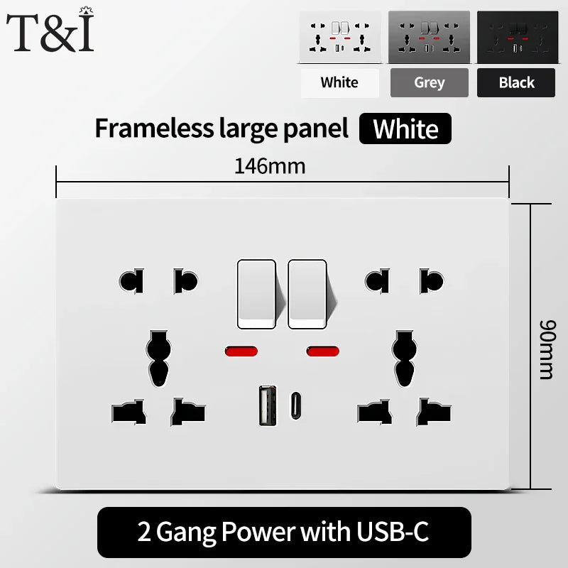 Universal Wall Socket with USB-C and USB Charger 2 Gang Power Outlet with Switch Flush Mount AC 110-250V