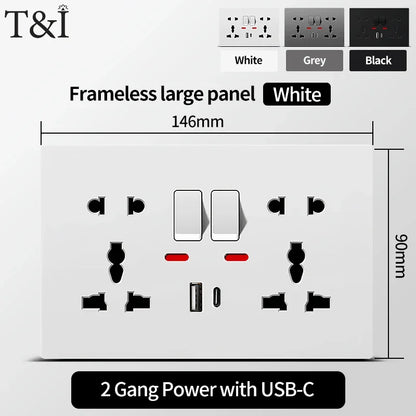 Universal Wall Socket with USB-C and USB Charger 2 Gang Power Outlet with Switch Flush Mount AC 110-250V
