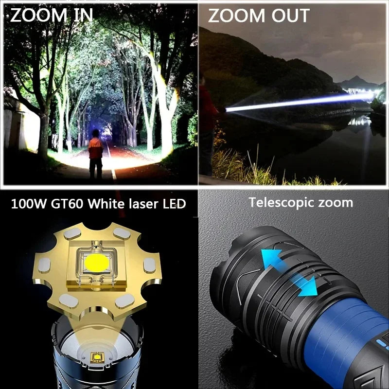 Ultra Bright 1000000LM Tactical Zoom Flashlight Rechargeable Torch