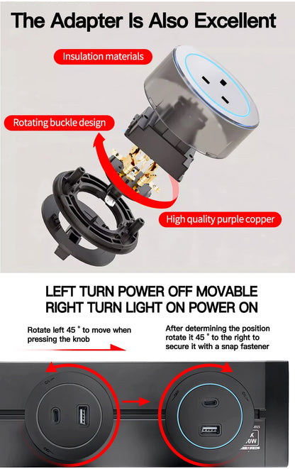 Power Track Socket Rail with USB Type-C Wall Mounted Modular Outlet Strip US/EU/UK Adapters 40-50cm