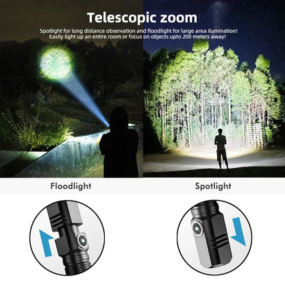 Mini LED Flashlight Super Bright Zoom Tactical USB Rechargeable Torch