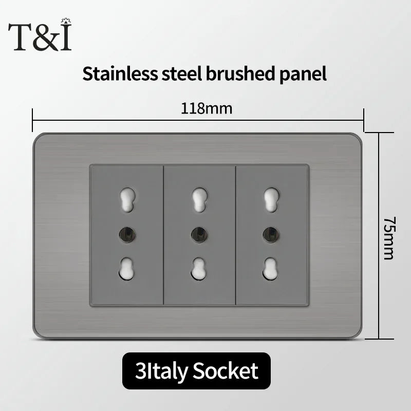 Stainless Steel Wall Socket 118x75mm Italian-Style with USB-C Schuko Chilean Plug Brushed Finish for Home Office