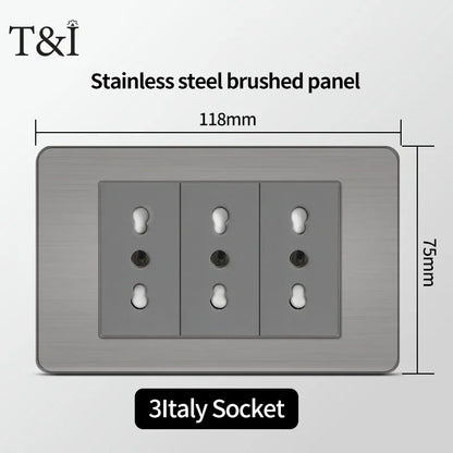 Stainless Steel Wall Socket 118x75mm Italian-Style with USB-C Schuko Chilean Plug Brushed Finish for Home Office