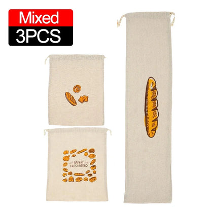 Linen Bread Bags Large Capacity Drawstring Loaf Storage Bags Washable Reusable 3/1Pcs for Pastries Baguette Organizer