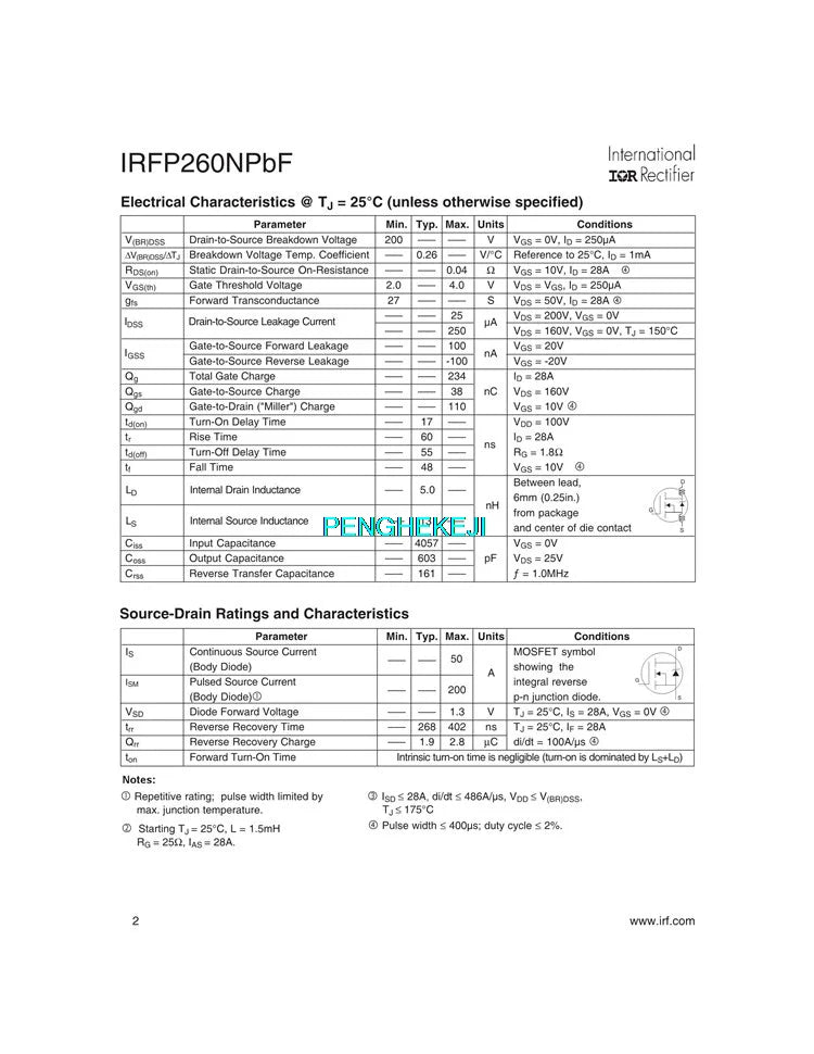 2PCS IRFP260N TO-247 N-Channel MOSFET 200V 50A Power Transistor