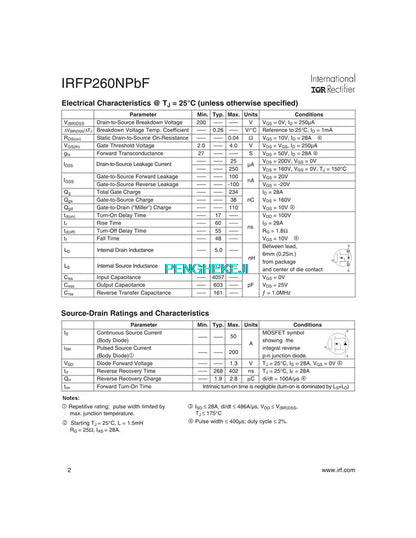 2PCS IRFP260N TO-247 N-Channel MOSFET 200V 50A Power Transistor