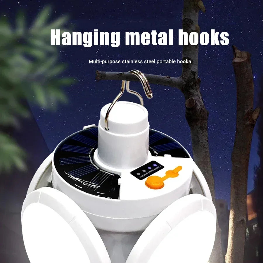 Portable LED Solar Camping Light Bulb Rechargeable Flashlight Waterproof Night Lamp Camping Supplies 5 Mode Adjustable with Hook