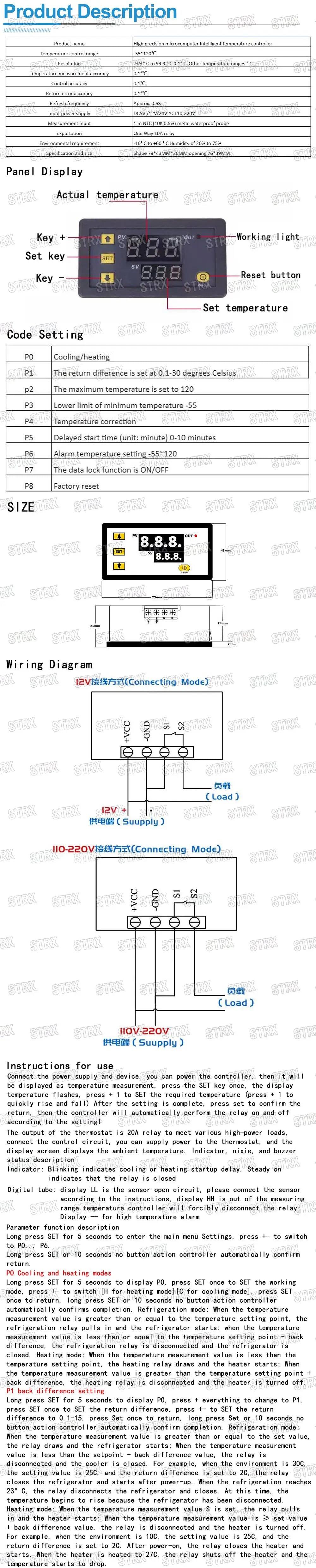 W3230 Digital Temperature Controller LED Thermostat with Heating and Cooling Switch, DC 12/24V or AC 110/220V