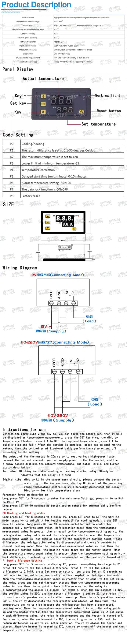 W3230 Digital Temperature Controller LED Thermostat with Heating and Cooling Switch, DC 12/24V or AC 110/220V