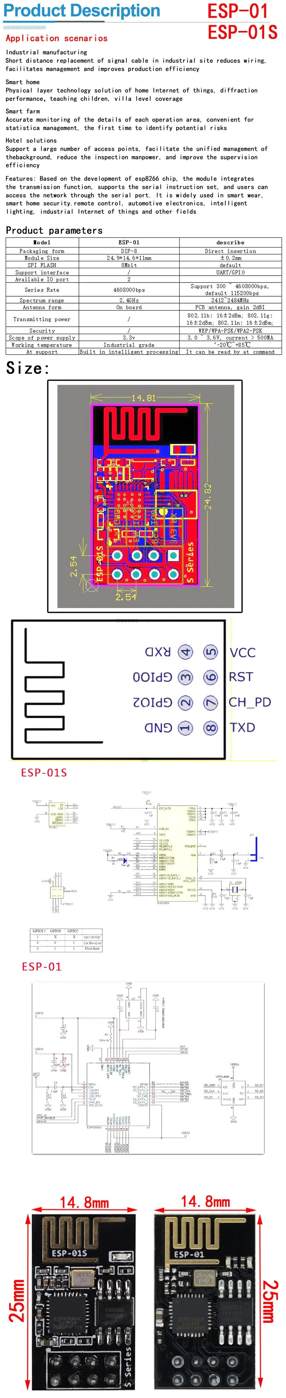 ESP8266 ESP-01 Serial WiFi Adapter Module 3.3V/5V Breakout PCB for Arduino