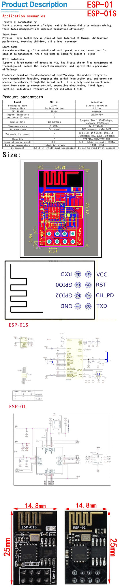 ESP8266 ESP-01 Serial WiFi Adapter Module 3.3V/5V Breakout PCB for Arduino