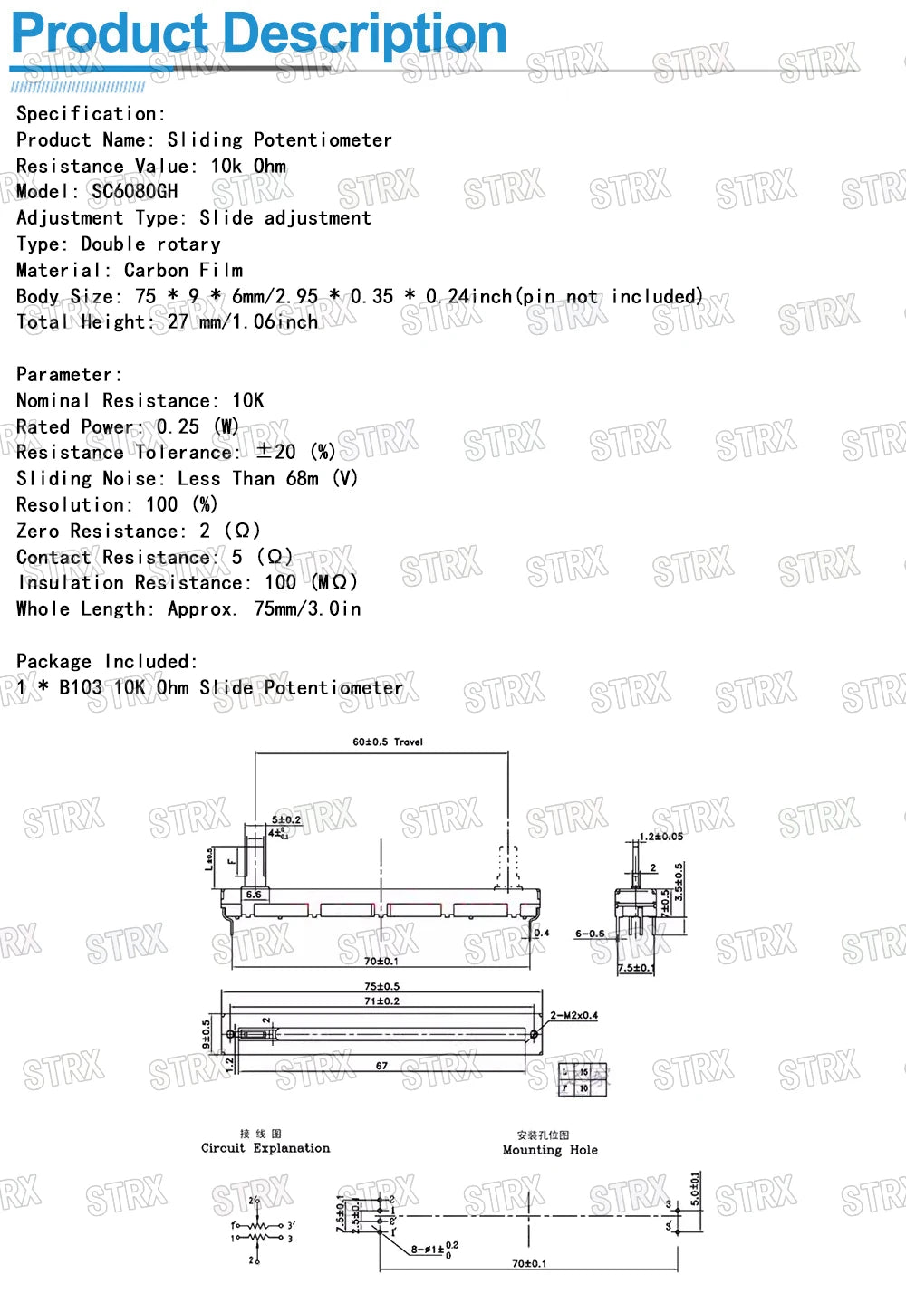B10K 10K Ohm Potentiometer – SC6080GH Slide & Rotary Carbon Film Resistor