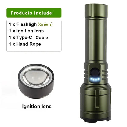 Super Bright Flashlight with Flame Ignition Type-C Rechargeable Outdoor Zoomable Aluminum Alloy Floodlight Camping Adventure