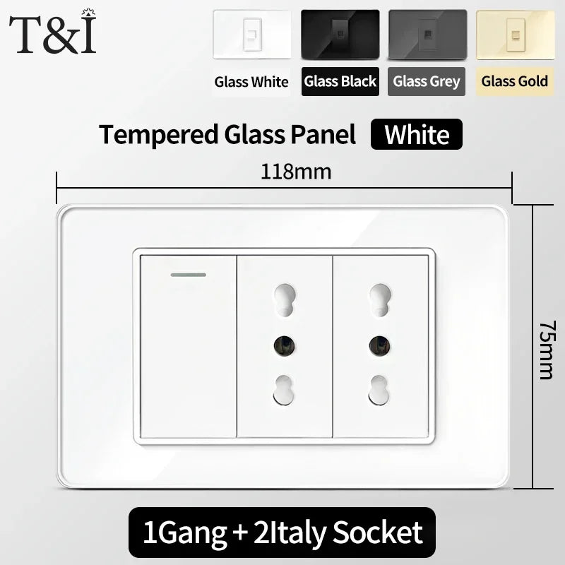 118x75mm Type-C Fast Charging Wall Socket Italy & Chile Schuko Outlet Tempered Glass Panel Type Switch