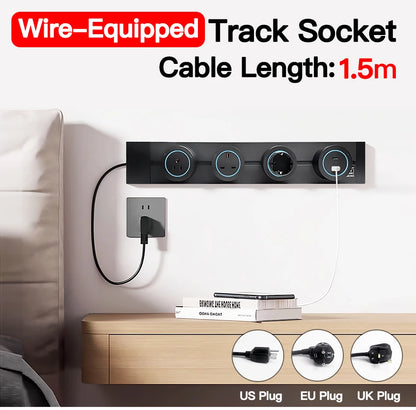 Power Track Socket Rail with USB Type-C Wall Mounted Modular Outlet Strip US/EU/UK Adapters 40-50cm