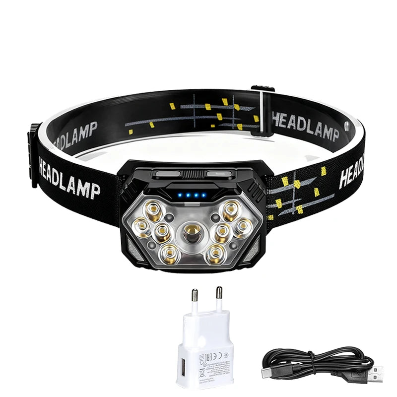 Rechageable LED Motion Sensor Headlight 9 Led Strong Light Headlamp Portable Fishing Camping Outdoor Head Lamp Work Flashlight