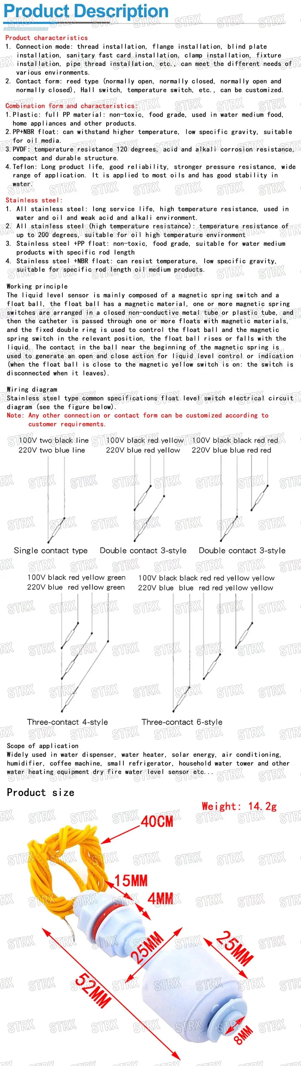 52mm PP Horizontal Float Liquid Level Sensor Water Level Switch
