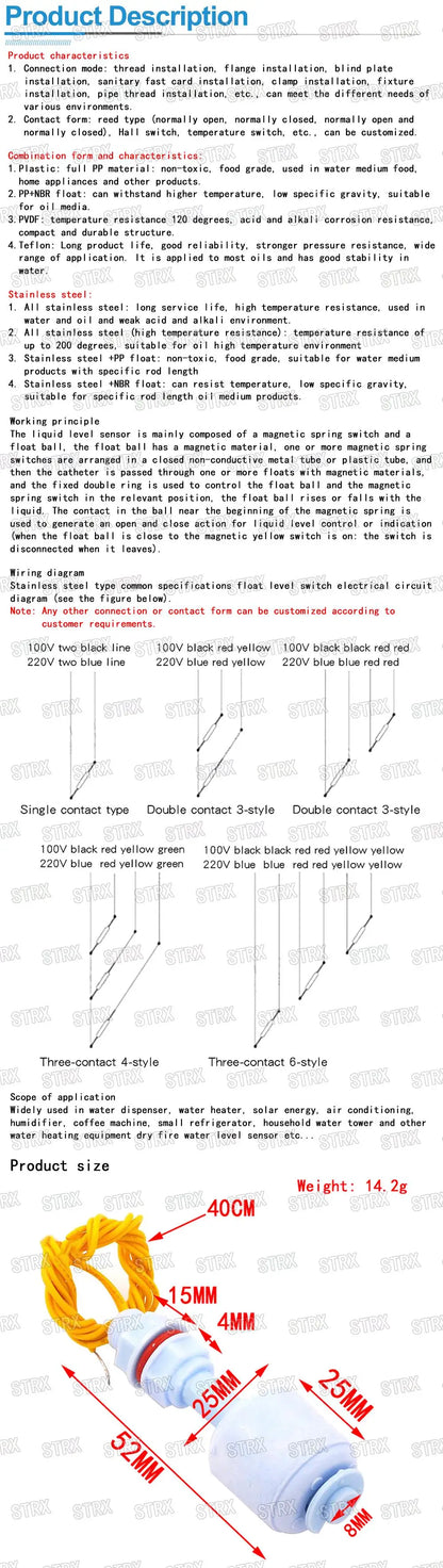 52mm PP Horizontal Float Liquid Level Sensor Water Level Switch