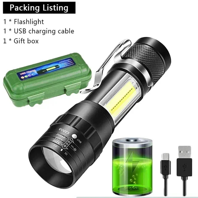 USB Rechargeable Mini Flashlight COB XPE Zoom Torch 3 Mode