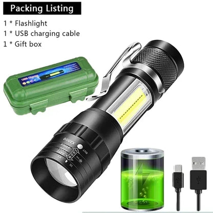 USB Rechargeable Mini Flashlight COB XPE Zoom Torch 3 Mode