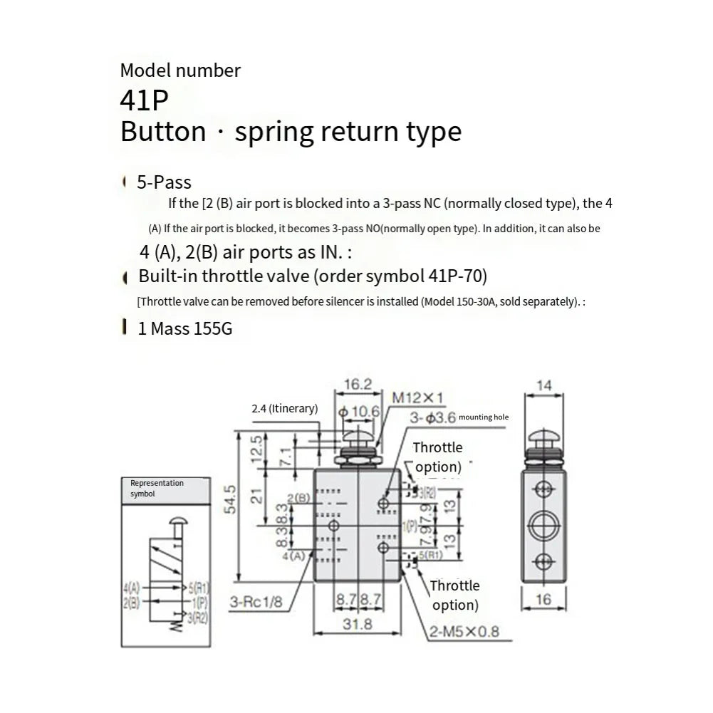 TAC2-41P+34T Pneumatic Valve 2 Position 3Way Mechanical Valve With 6mm Connector Pneumatic Switch Valve For Automatic Equipment