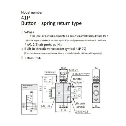 TAC2-41P+34T Pneumatic Valve 2 Position 3Way Mechanical Valve With 6mm Connector Pneumatic Switch Valve For Automatic Equipment